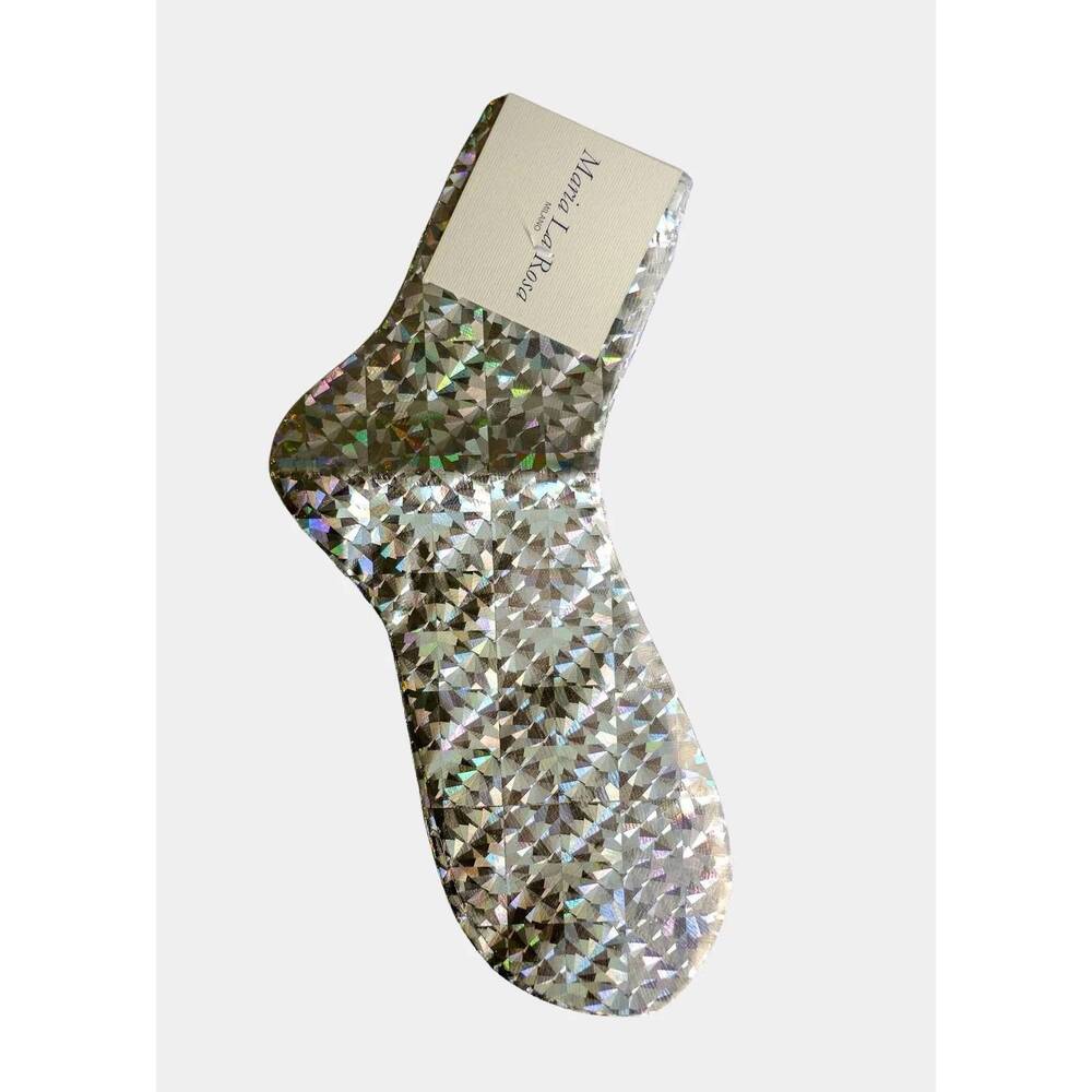 NEW MARIA LA ROSA women's one ribbed laminated socks in disco silver